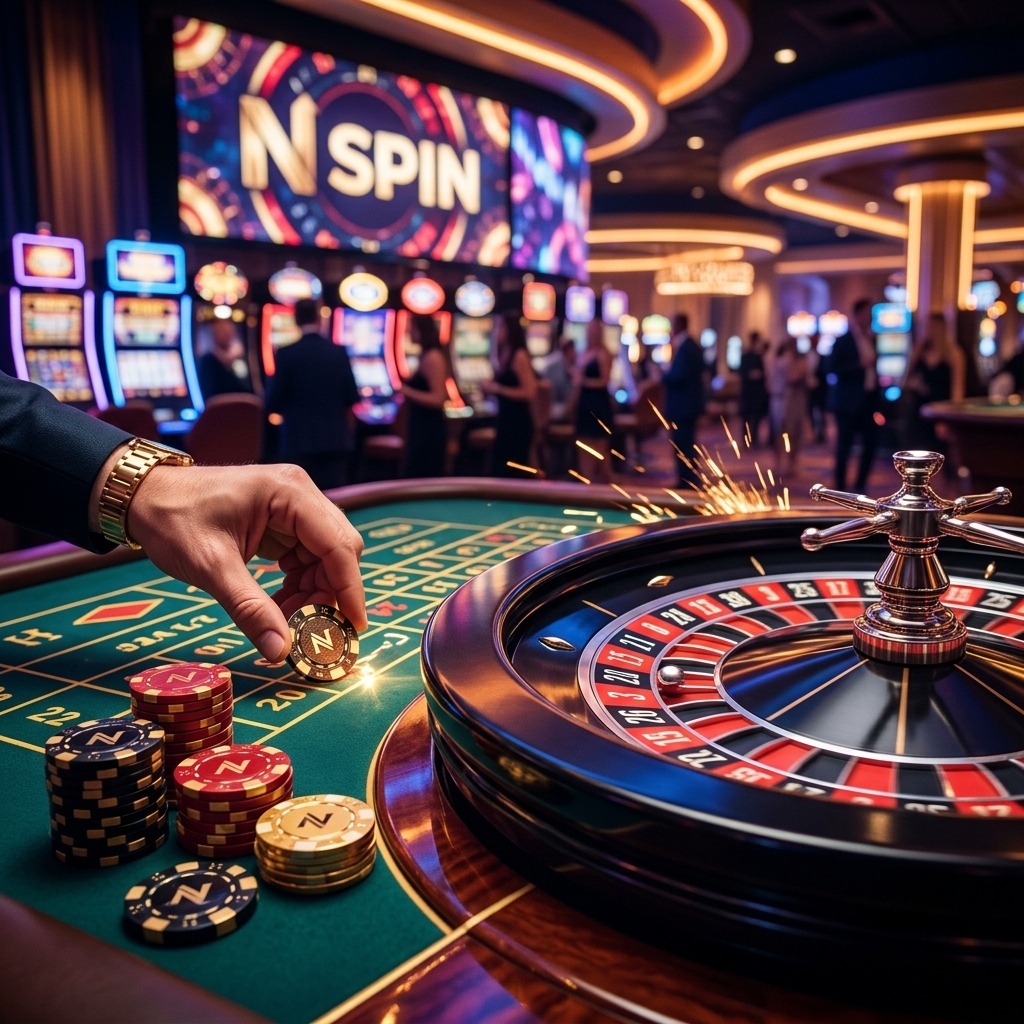 close-up hand placing gold betting chip at roulette table luxury casino purple and gold lights