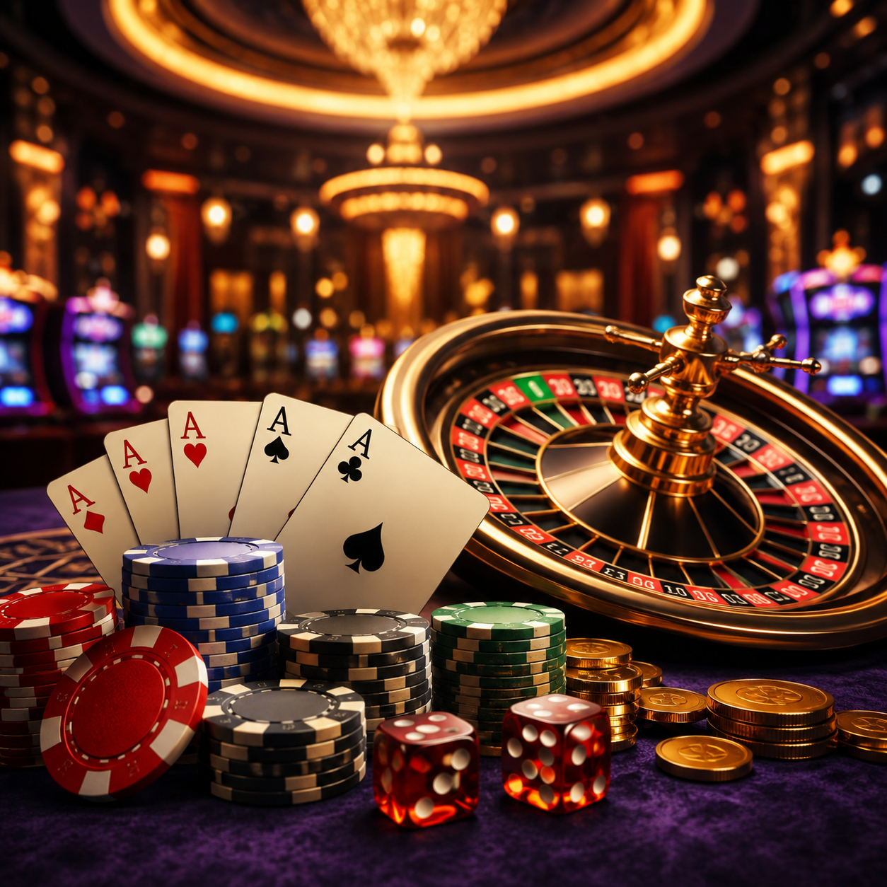 casino poker chips dice playing cards and gold roulette wheel on purple velvet with slot machines in background