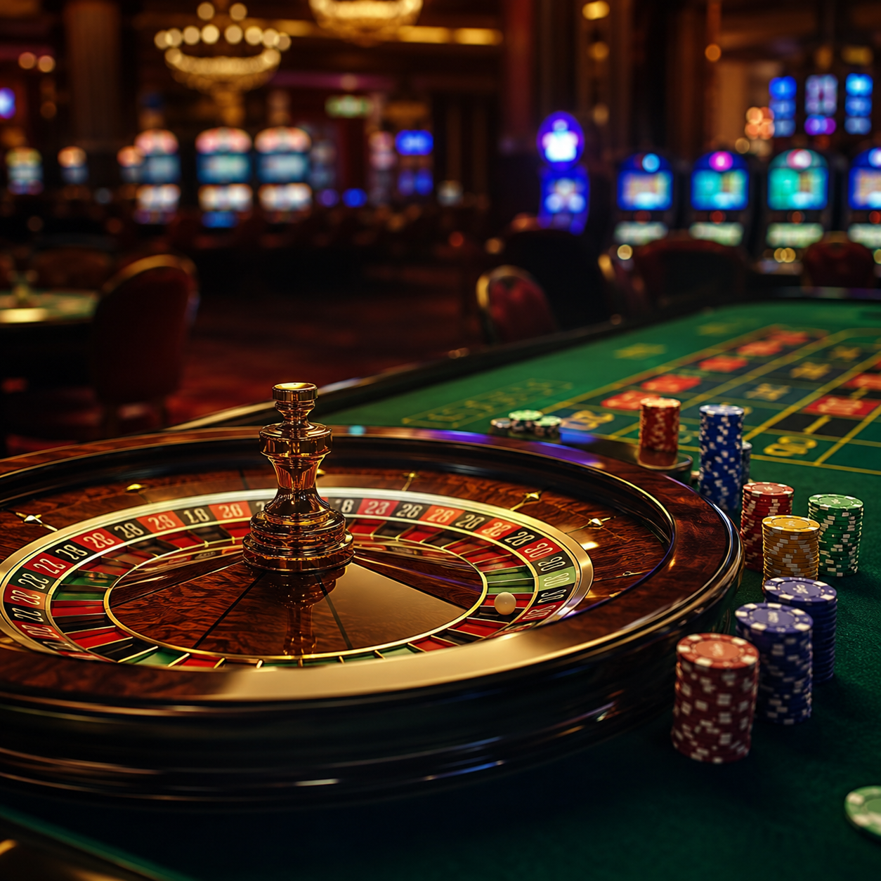 luxurious casino roulette wheel on green felt with stacked colored betting chips warm golden lighting